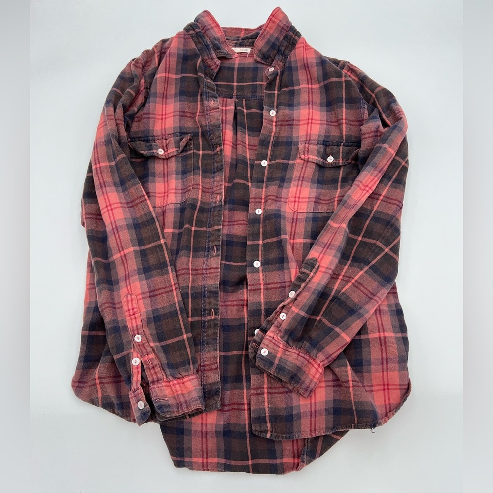 Sundry Plaid Button-Up Casual Shirt, Soft Cotton, Pink Navy, Size 3